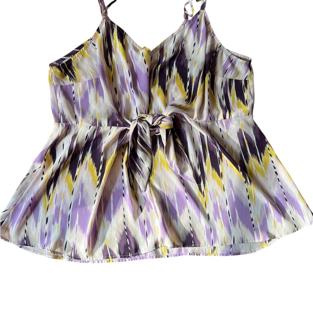 Torrid Purple and Yellow Patterned Camisole, flattering plus size top, tie waist